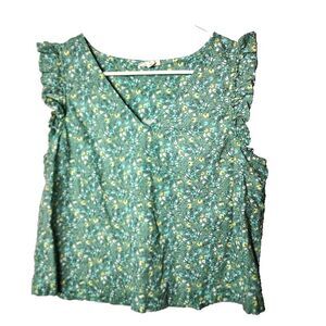 Ana Green Floral Sleeveless Top Ruffled L 100% Cotton Bust 41 Made in India